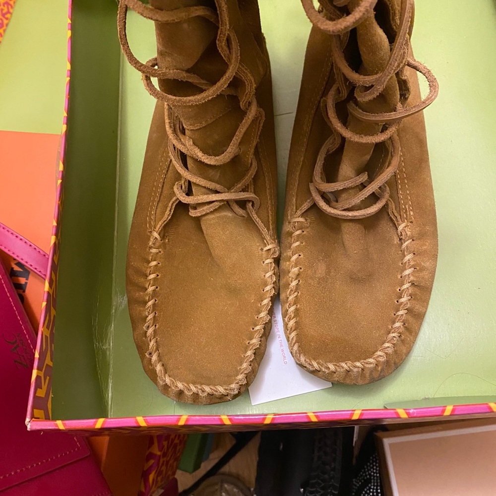 Tory Burch Suede Camel Moccasin Lace up Boots - Picture 8 of 16